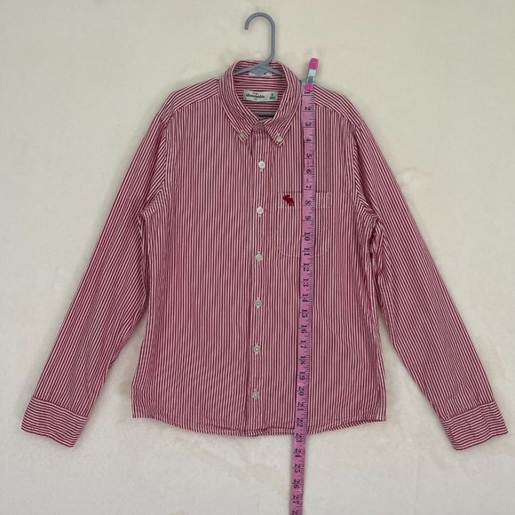 Abercrombie Kids Boys Button Up Shirt Size 13-14 Red White Striped Long Sleeve - Picture 7 of 8